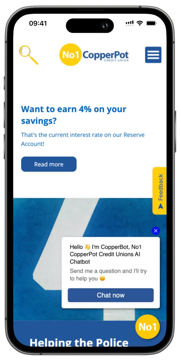 CopperBot greeting a visitor on No1 CopperPot Credit Union’s mobile site