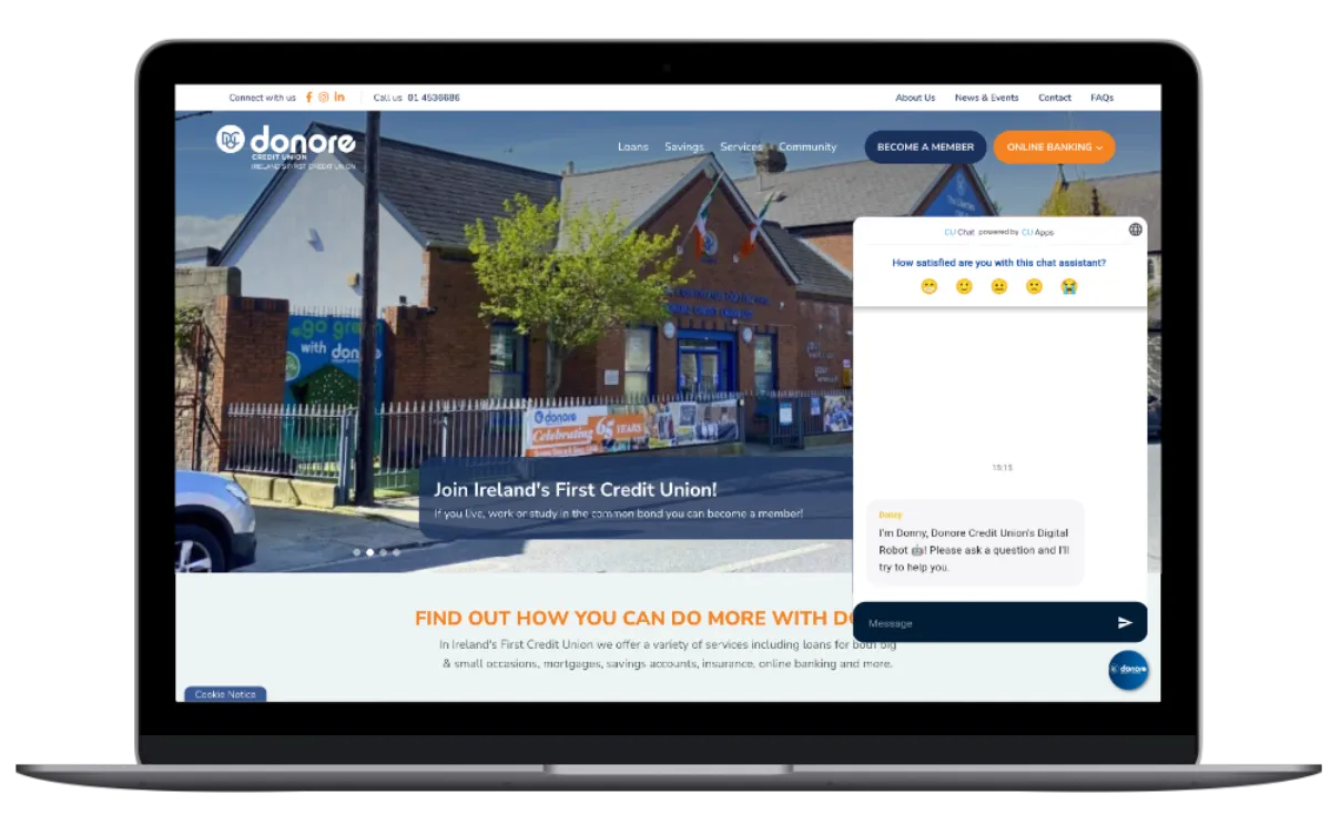 The CU Chat chatbot open on Donore Credit Union’s website